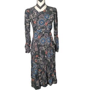 Zara Floral Midi Dress Small Black Multi-color 100% Viscose Long Sleeve